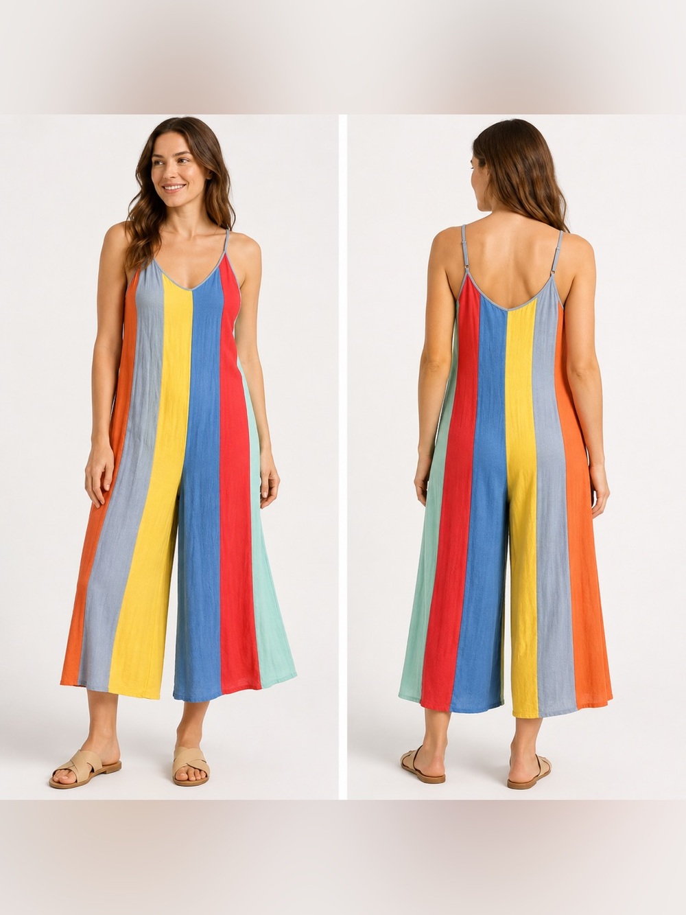 Storia Jumpsuit Womens M Rainbow Stripe Wide Leg Cami Romper 100% Rayon